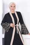 Bej Dantel Detaylı Abaya