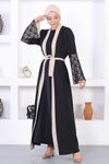 Bej Dantel Detaylı Abaya