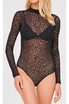 Siyah Leopar Flok Kadife Baskılı Uzun Kollu Soft Bodysuit