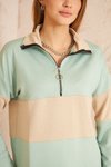 Mint Bej Uzun Kol Fermuarlı Polo Yaka Color Block Basic Salaş Bluz Sweatshirt