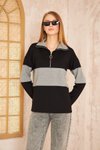 Siyah Gri Uzun Kol Fermuarlı Polo Yaka Color Block Basic Salaş Bluz Sweatshirt