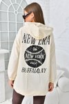 Bej Newyork Baskılı Cepli Sweatshirt