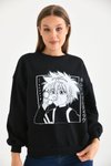 Siyah Anime Baskılı Bisiklet Yaka Sweatshirt