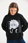 Siyah Anime Baskılı Bisiklet Yaka Sweatshirt