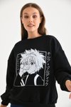 Siyah Anime Baskılı Bisiklet Yaka Sweatshirt