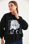 Siyah Anime Baskılı Bisiklet Yaka Sweatshirt