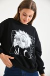 Siyah Anime Baskılı Bisiklet Yaka Sweatshirt