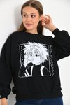 Siyah Anime Baskılı Bisiklet Yaka Sweatshirt