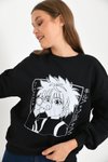 Siyah Anime Baskılı Bisiklet Yaka Sweatshirt