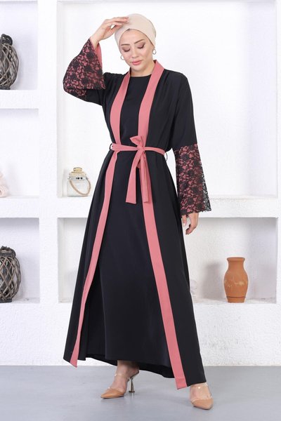 Gül Kurusu Dantel Detaylı Abaya