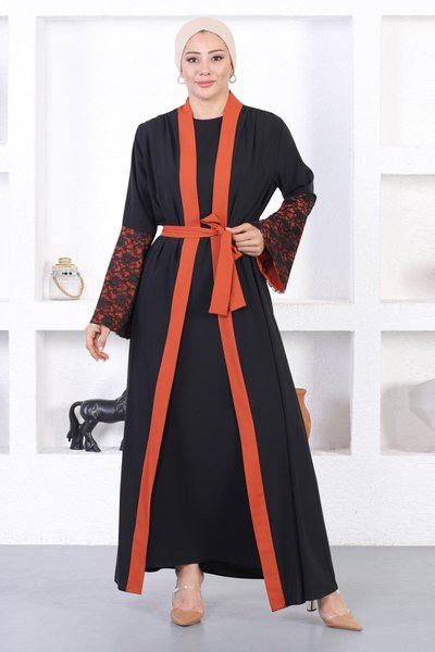 Kiremit Dantel Detaylı Abaya