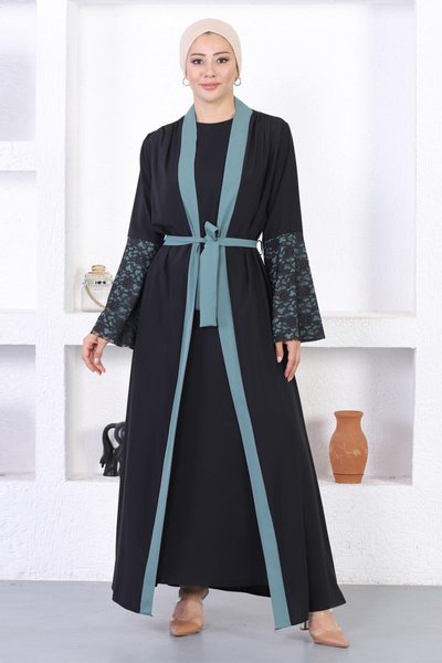 Mint Dantel Detaylı Abaya