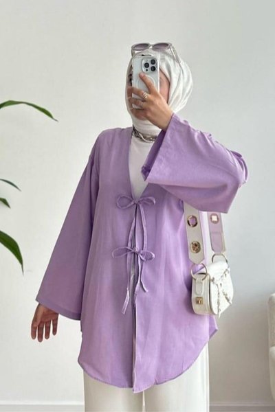 Lila Önü Baglamalı Kimono Tunik