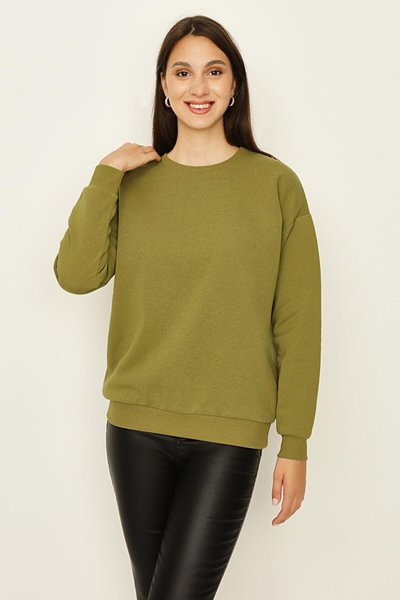 Haki Şardonlu Basic Örme Sweatshirt