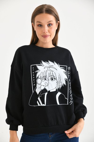 Siyah Anime Baskılı Bisiklet Yaka Sweatshirt