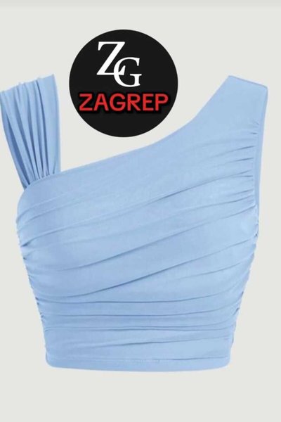 Bebe Mavisi Omuz Detaylı Drapeli Büzgülü Kollu İç Göstermez İpek Jarse Crop Top