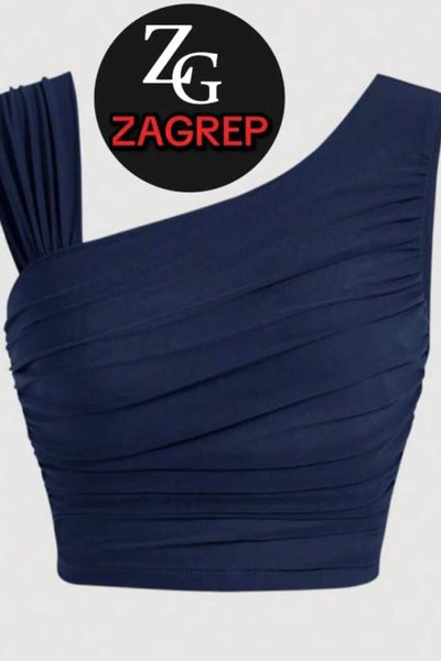 Lacivert Omuz Detaylı Drapeli Büzg�ülü Kollu İç Göstermez İpek Jarse Crop Top