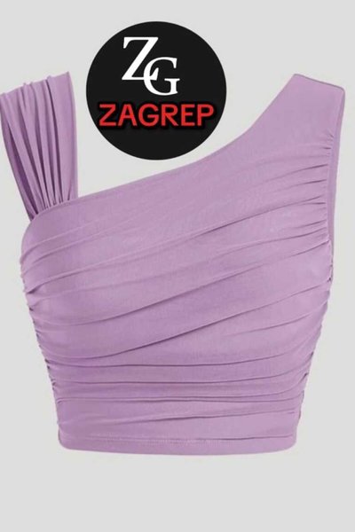 Lila Omuz Detaylı Drapeli Büzgülü Kollu İç Göstermez İpek Jarse Crop Top