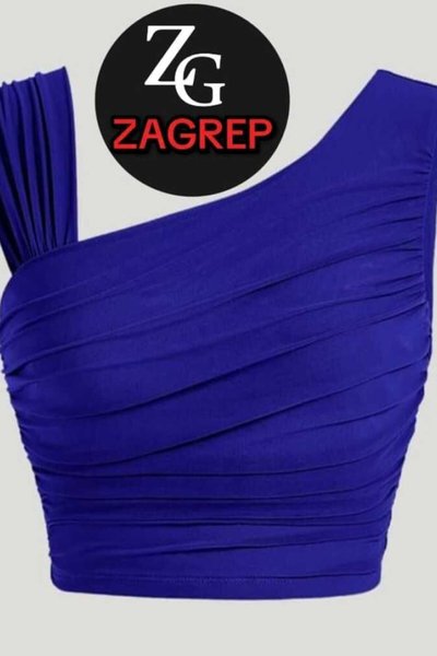 Saks Mavisi Omuz Detaylı Drapeli Büzgülü Kollu İç Göstermez İpek Jarse Crop Top