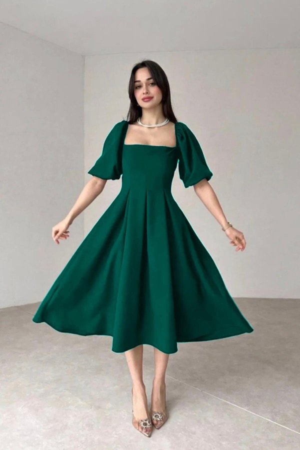 Emerald Green Crepe Fabric Balloon Sleeve Pleated Square Neck Midi Dress |  Deafox