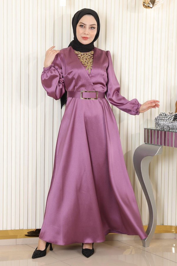 Rose Quartz Stone Detailed Satin Evening Dress | Modamihram