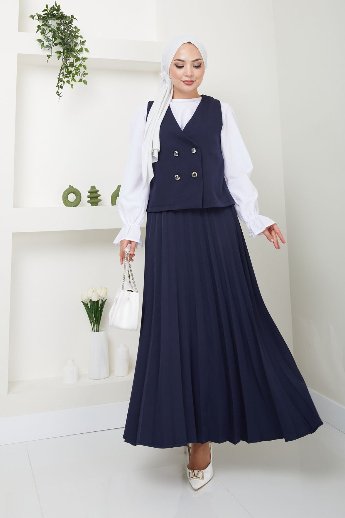 Navy Pleated Skirted Vest Set - VOLT CLOTHİNG