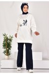 Ekru İki İplik Kumaş Kot Garnili Sweatshirt