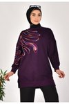 Mor İki İplik Kumaş Örgü Desenli Sweatshirt