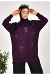 Mor İki İplik Kumaş Taş Baskılı Sweatshirt