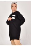 Siyah İki İplik Kumaş Cep Ve Yazı Detaylı Sweatshirt