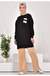 Siyah İki İplik Kumaş Cep Ve Yazı Detaylı Sweatshirt