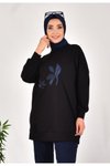 Siyah İki İplik Kumaş Kot Garnili Sweatshirt