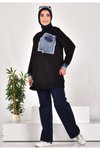 Siyah İki İplik Kumaş Kot Garnili Sweatshirt