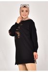 Siyah İki İplik Kumaş Örgü Desenli Sweatshirt