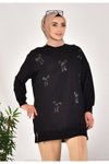 Siyah İki İplik Kumaş Taş Baskılı Sweatshirt