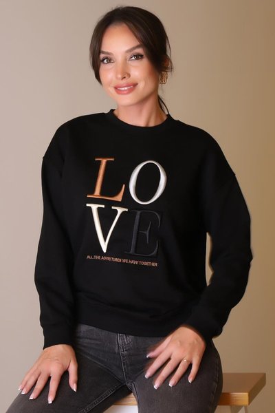 Siyah Love Baskılı Sweatshirt