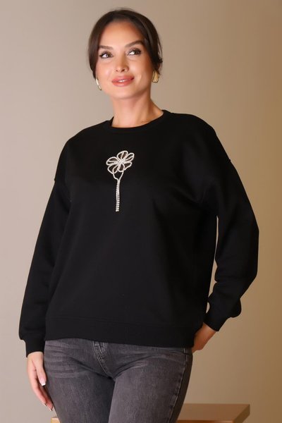 Siyah Taşlı Çiçek Desenli Sweatshirt