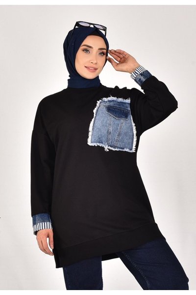 Siyah İki İplik Kumaş Kot Garnili Sweatshirt