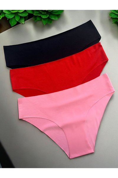 Kırmızı Pembe Siyah 3'lü Takım Lazer Kesim Dikişsiz Likralı İz Yapmaz Slip Bikini Külot