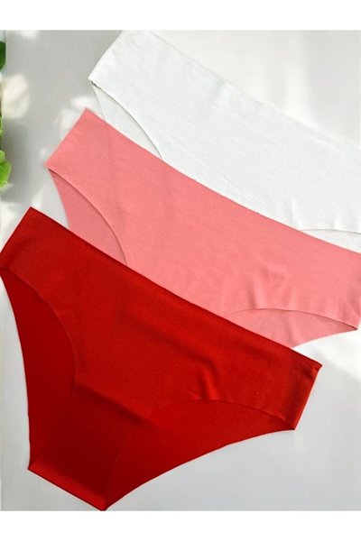 Pembe Kırmızı Beyaz 3'lü Takım Lazer Kesim Dikişsiz Likralı İz Yapmaz Slip Bikini Külot