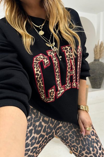 Siyah Ciao Leopar Yazı Apikeli Sweatshirt