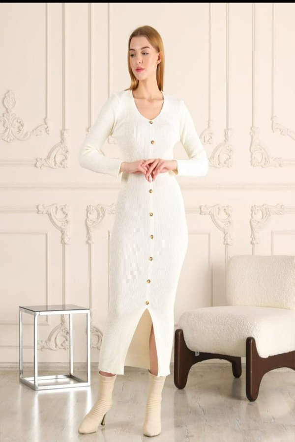 Cream V-Neck Midi Ribbed Buttoned Knit Pencil Dress QLAY