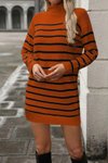 Turuncu Uzun Kollu Yarım Balıkçı Yaka Çizgili Mini Triko Elbise