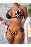 Siyah Love Leopar Çift Renk Bikini Takım