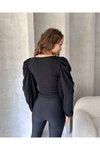 Siyah V Yaka Drape Detaylı Crep Bluz