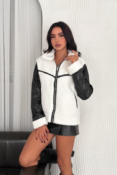 White Leather-Trimmed Pocket Lamb Jacket