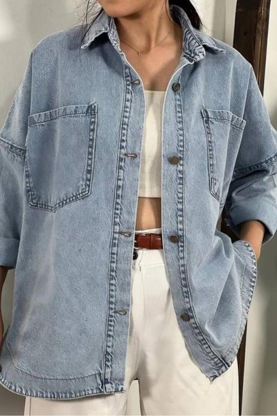 Mavi Buz Oversize Cepli Düğmeli Denim Kot Gömlek Ceket