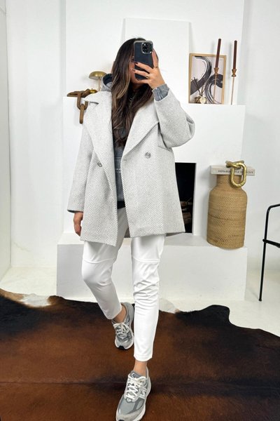 Gri Ekru Zr Model Balıksırtı Çizgili Kaşe Kaban