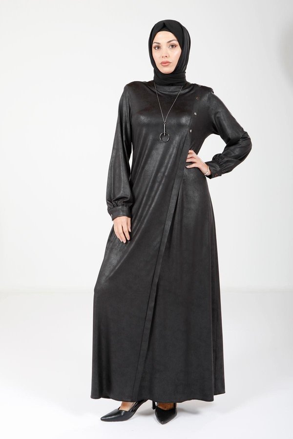Black Leather-Look Long Dress | Beyza