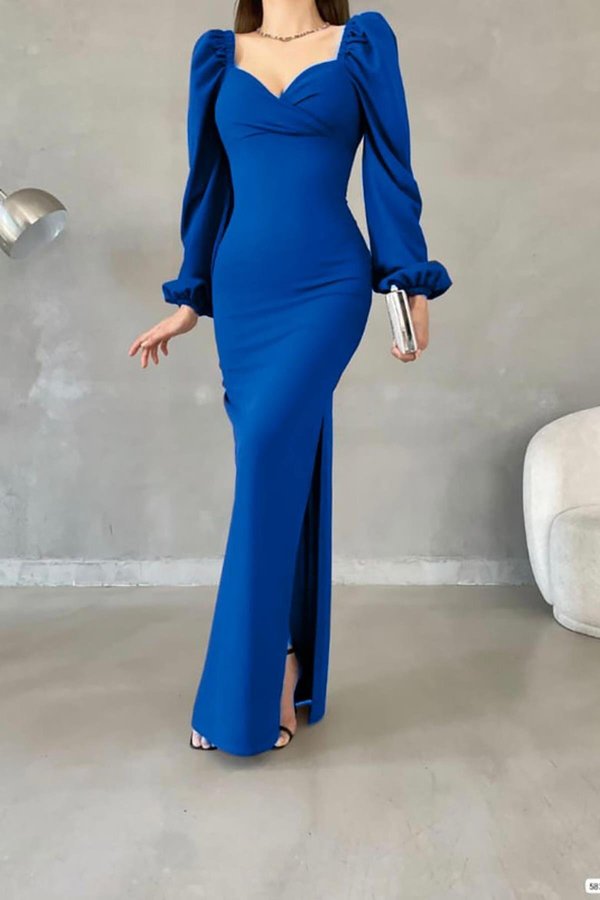 Sapphire Blue Princess Sleeve Slit Detail Sweetheart Neck Imported Crepe  Fabric Long Evening Dress | Deafox